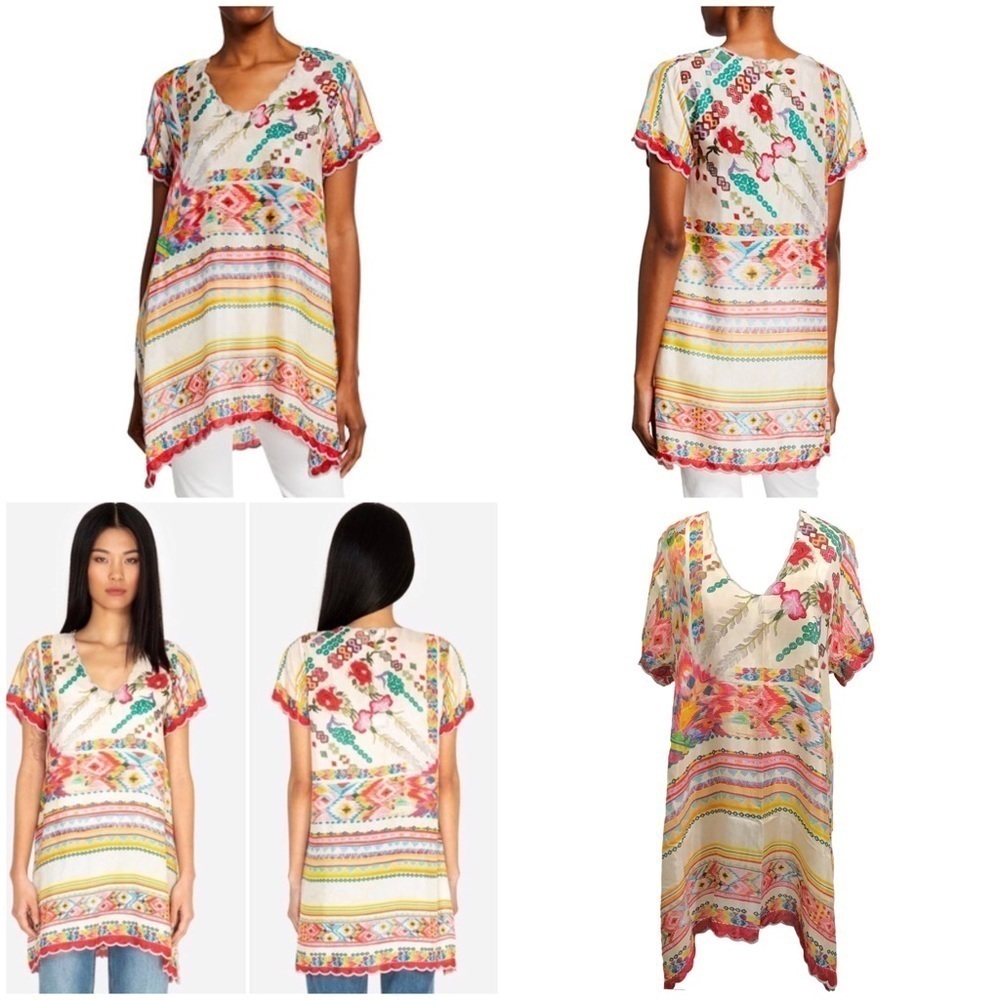 Johnny Was Tulum Short-Sleeve Silk Georgette Tunic w/ Scallop Trim Size Large